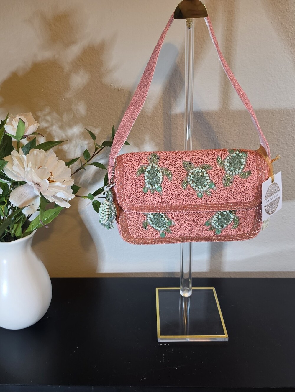 Viral Pink Sea Turtle Beaded Bag NWT Handcrafted In India Turtle Charm RARE